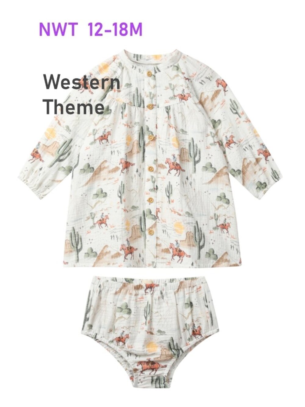 NWT - Western Theme Girl Dress with Horse Riders, Cactus - cotton size 12-18M